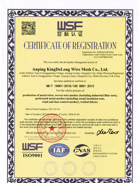 Κίνα Anping Kingdelong Wire Mesh Co.,Ltd Πιστοποιήσεις